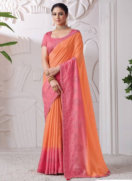Orange And Pink Colour Heavy Designer Festive Party Wear Viscose Silk Latest Saree Collection 41611